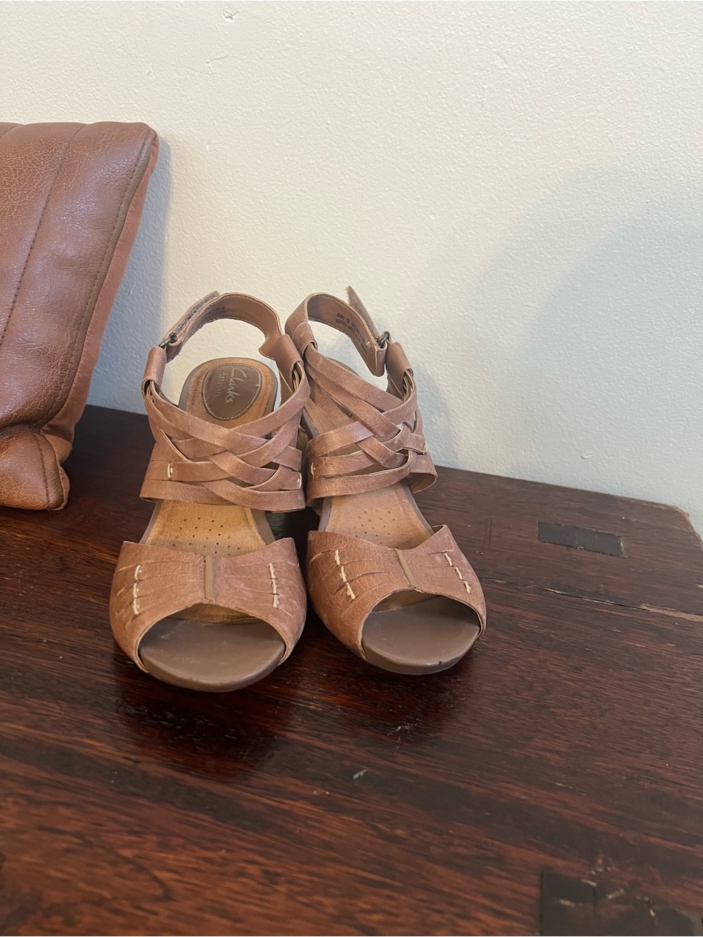 Clarks Artisian Tan Leather Woven Slingback Sandals